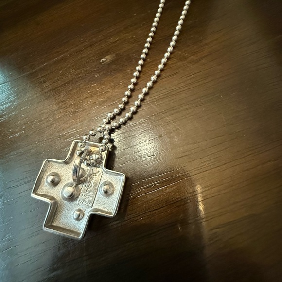 YVES SAINT LAURENT YSL Silver Cross with Light Blue Rhinestones - Picture 2 of 7